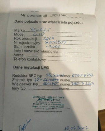 Renault Clio cena 2000 przebieg: 298938, rok produkcji 2004 z Kłobuck małe 352